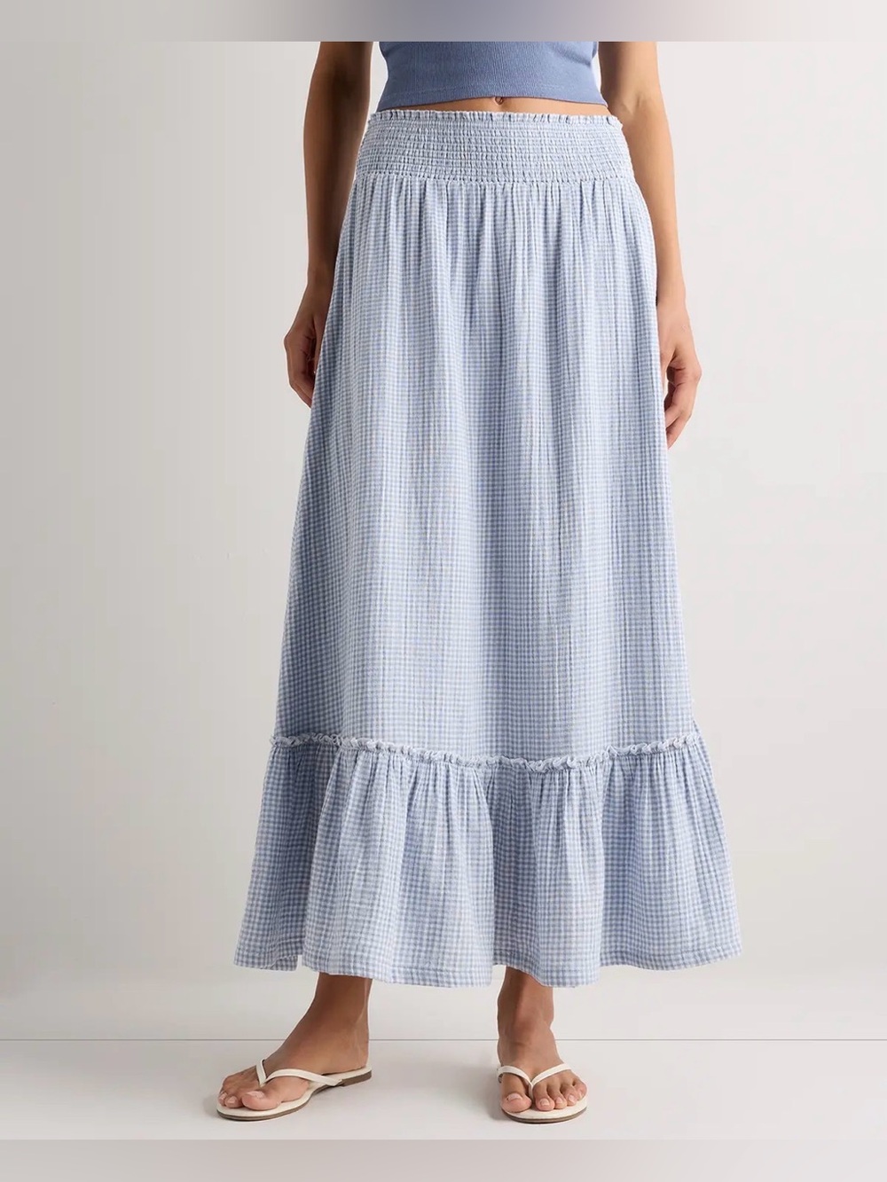 Quince Organic Cotton Gauze Smocked Waist Maxi Skirt Blue Gingham Size XL